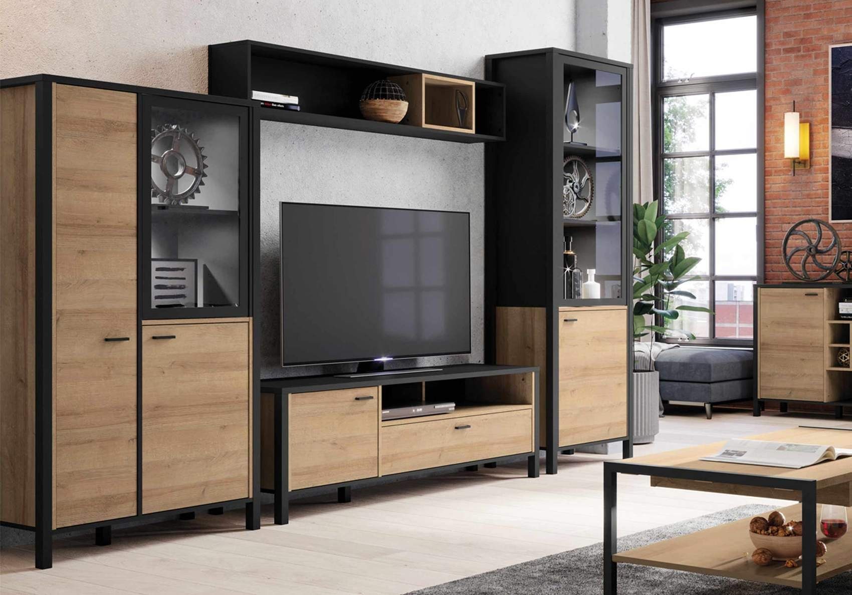 Forte Möbel Wohnwand Wohnwand HIGH ROCK 4-tlg. mit Beleuchtung Riviera Eiche Optik Schwarz, (Komplett-Set, 4-St., Highboard, Lowboard, Wandboard, Vitrine)