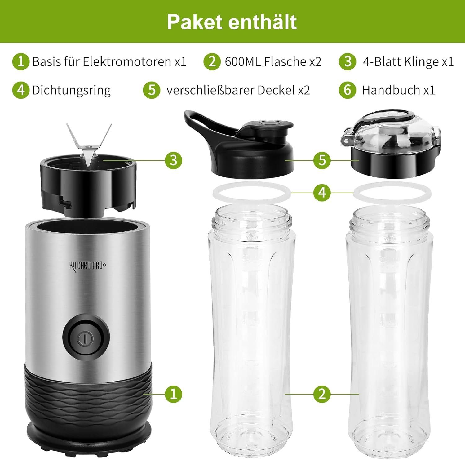 Kitchen Pro + Smoothie-Maker mit 2 To Go Flasche 260W Mixer Blender, 260,00 W, 304-Edelstahl, Leicht zu reinigen, 2 Tritan-Trinkflaschen