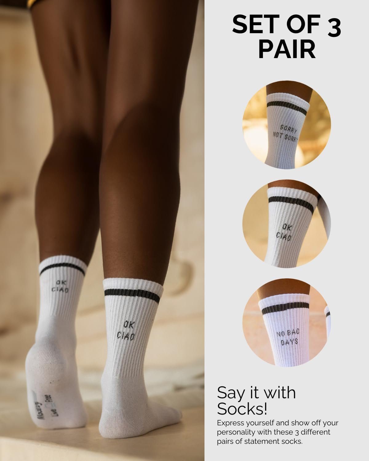Made by Nami Socken 3er Set Weiße Tennissocken Atmungsaktive Crew Socks mit Sprüchen (Set, 3 Paar) Retro Socken Lustige Socken mit Sprüchen Herren & Damen