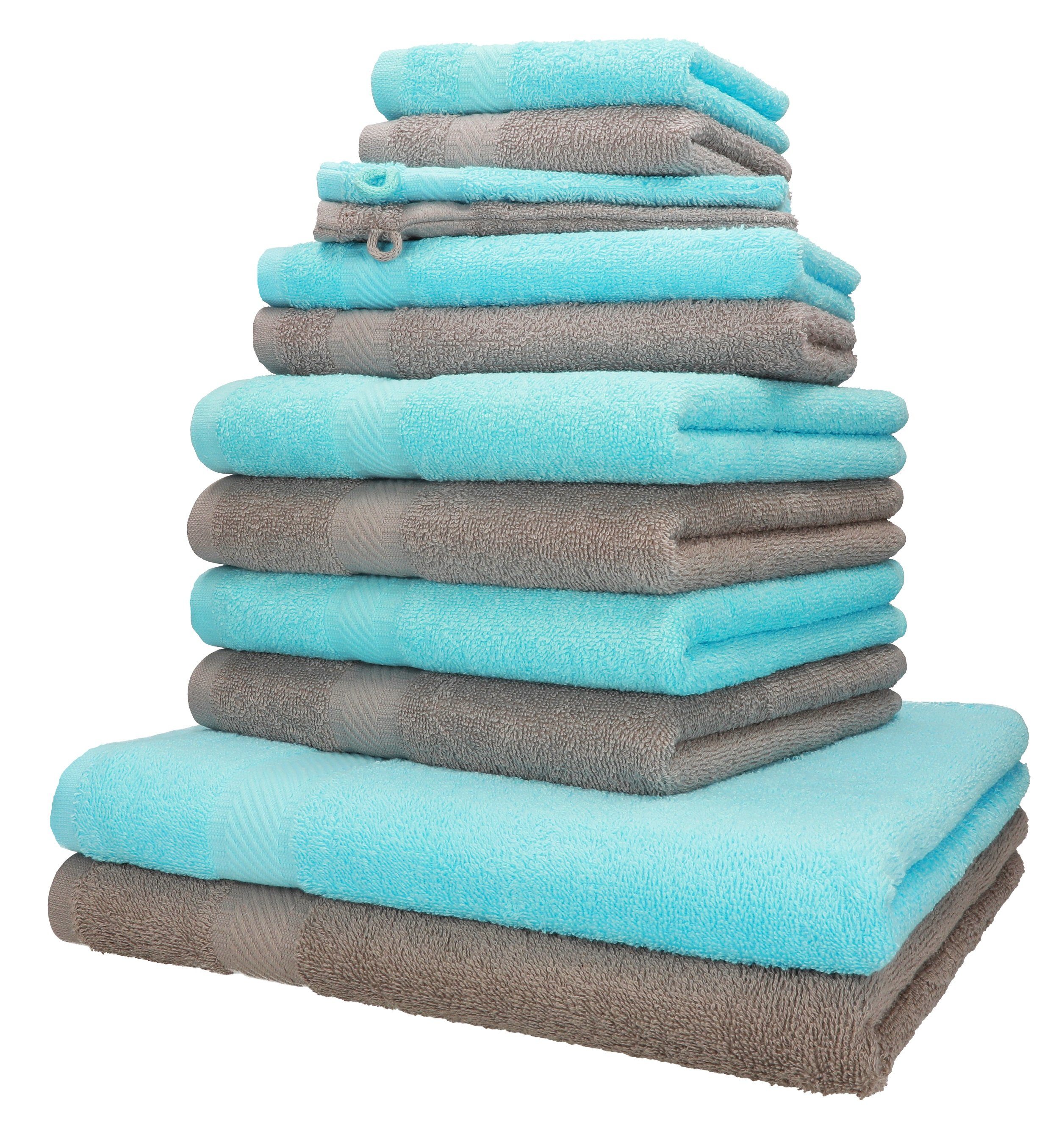 Betz Handtuch Set 12-tlg. Handtuch-Set PALERMO 100% Baumwolle 2 Liegetücher 4 Handtücher 2 Gästetücher 2 Seiftücher 2 Waschhandschuhe Farbe stone und türkis, 100% Baumwolle, (12-tlg)