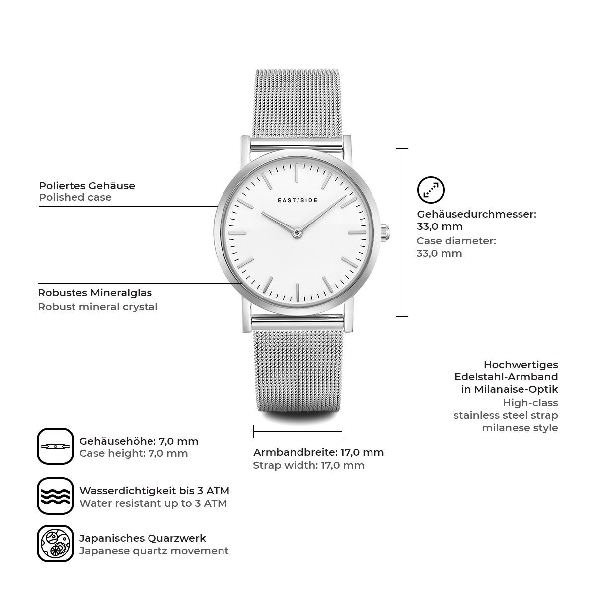 Eastside Automatikuhr Cassina silber, mit Edelstahl-Armband