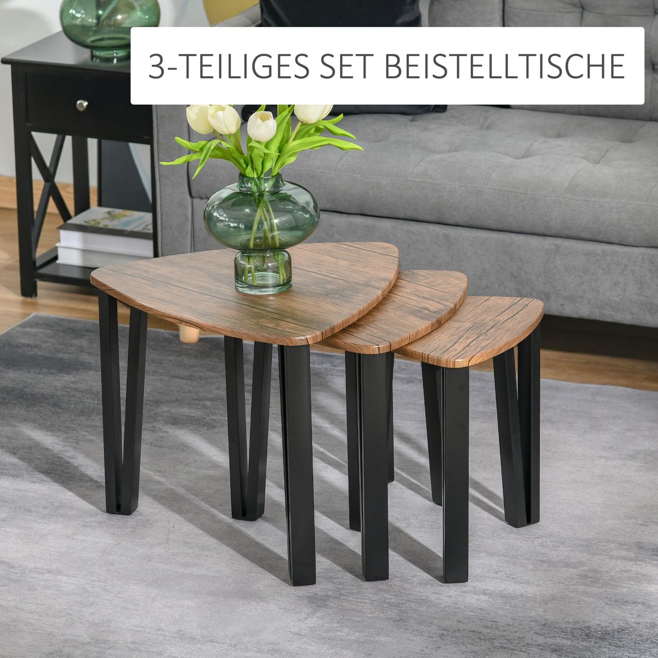 HOMCOM 3er Set Couchtisch, Stapeltisch, Beistelltisch, Kaffeetisch, Satztisch, MDF, Natur Schwarz, 56 x 54,2 x 45,5 cm/42 x 43,8 x 43 cm/36 x 34 x 41 cm