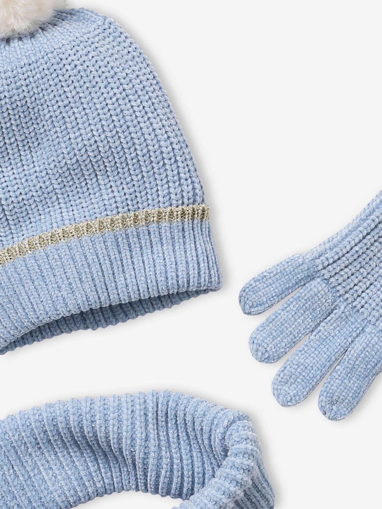 Vertbaudet Mädchen Strick-Set: Mütze, Rundschal & Handschuhe, Chenille - hellblau