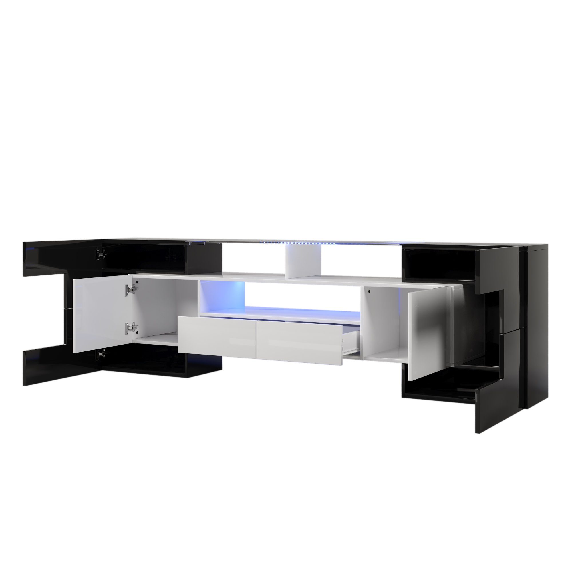 REDOM TV-Schrank Lowboard (1-St., Schwarz+Weiß, 200 cm) Elegante Glasoberfläche., LED-Beleuchtung