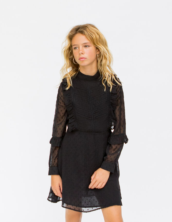 Robe noire jacquard plumetis à plastron fille