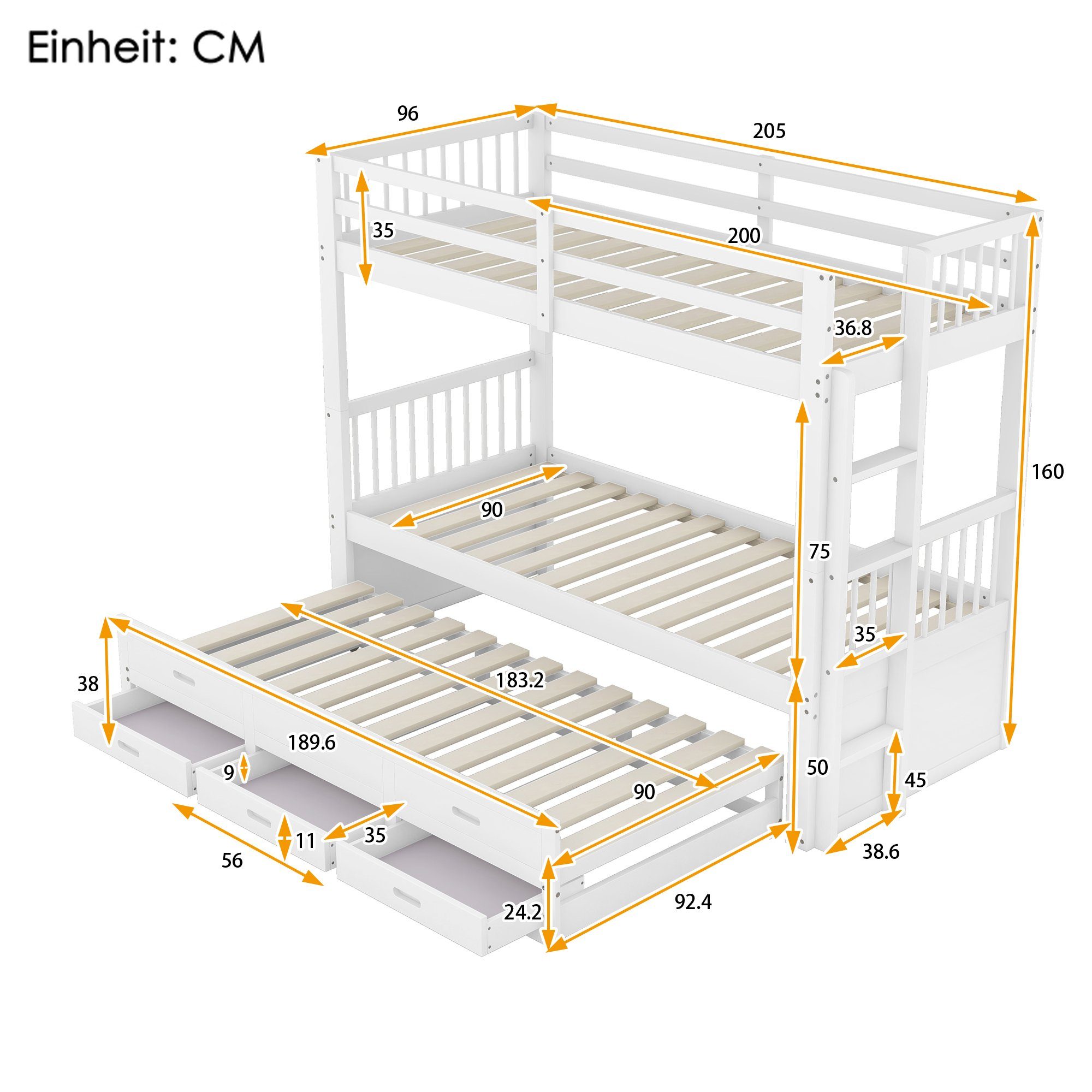 REDOM Bett Etagenbett Kinderbett Hausbet Einzelbett (Bettgestell aus Kiefer und MDF mit Leiter undausziehbarem Bett, 3 Schubladen), 90x200cm, Matratze nicht enthalten