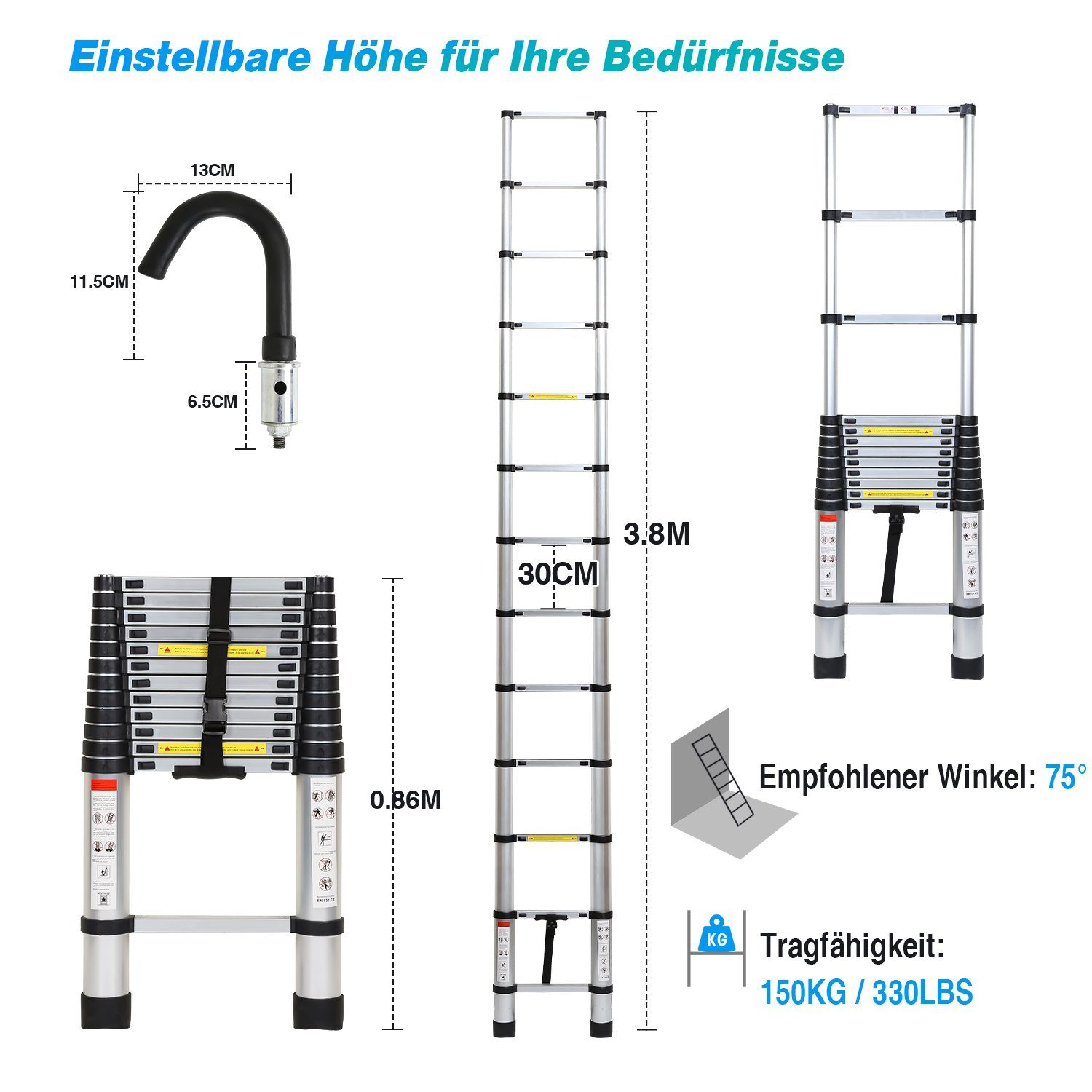 Gimisgu Teleskopleiter Teleskopleiter Alu 3.8m Ausziehleiter Anlegeleiter Silber mit haken