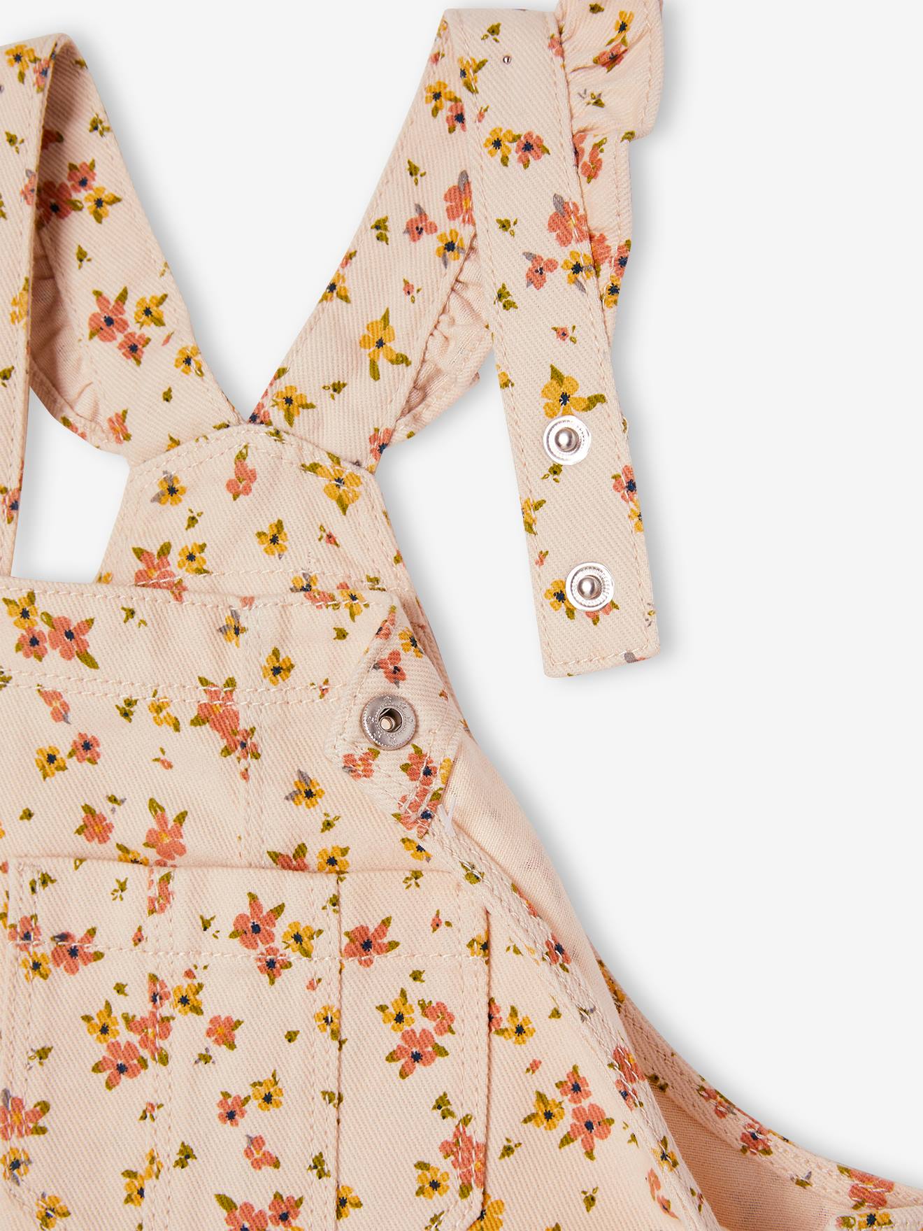 Robe-salopette à fleurs bretelles à volants beige rosé imprimé