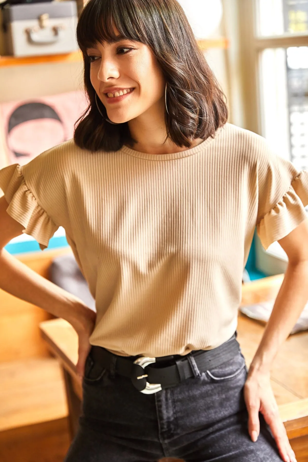 Olalook  Rüschen-Camisole-T-Shirt mit Steinärmeln für Damen TSH-19000417