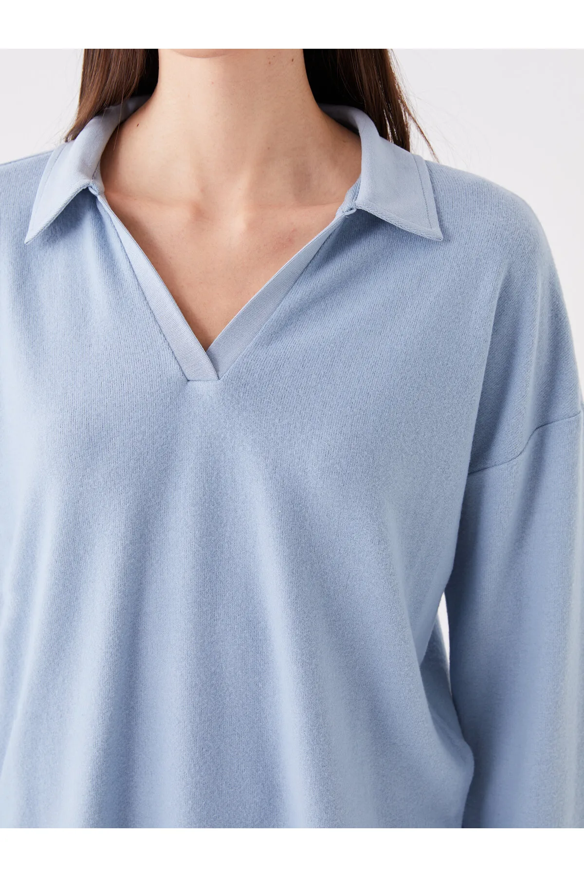 LC Waikiki  Einfarbiges, langärmliges Damen-Pyjama-Set mit Polo-Ausschnitt