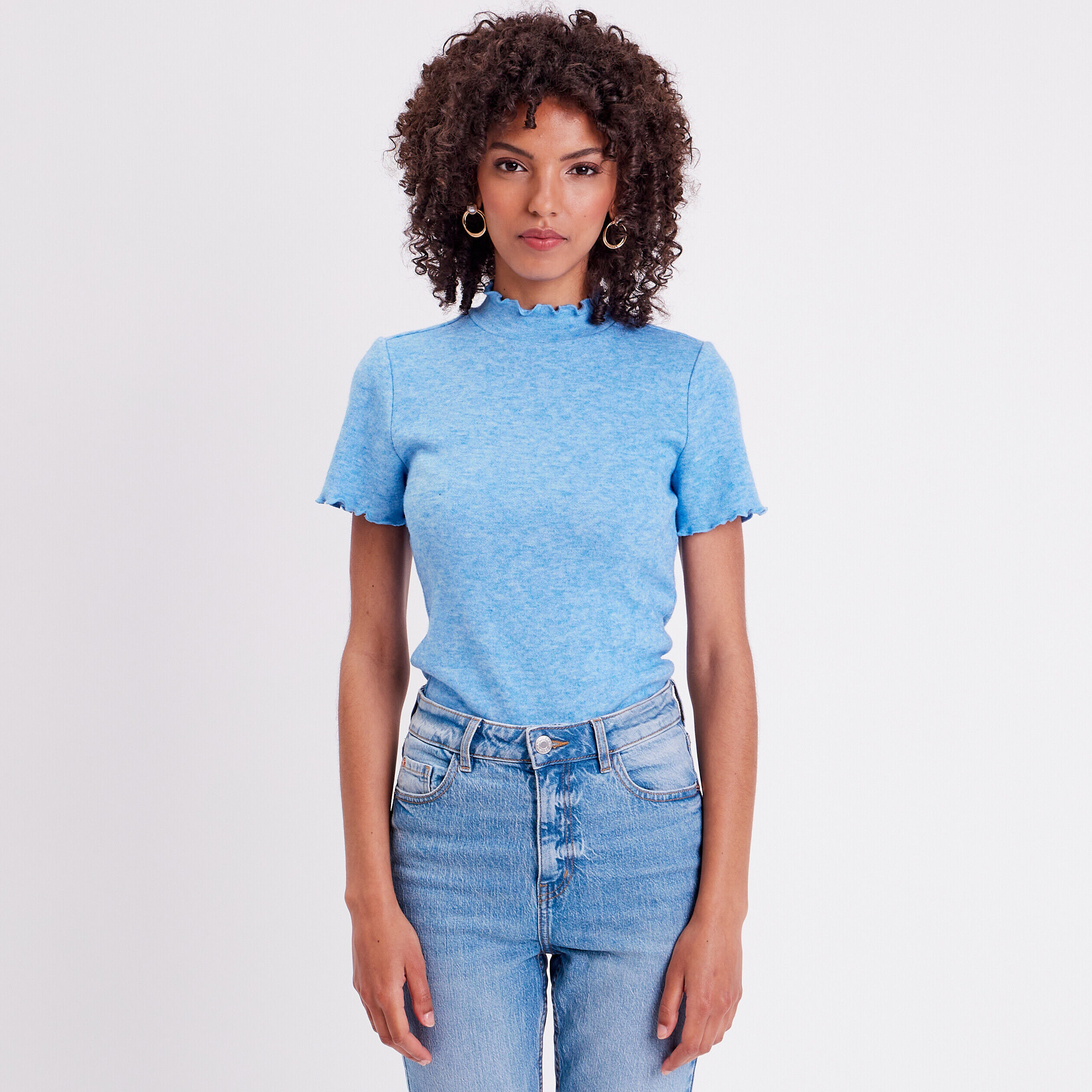 T-shirt col montant bord vague bleu roi femme | Cache Cache