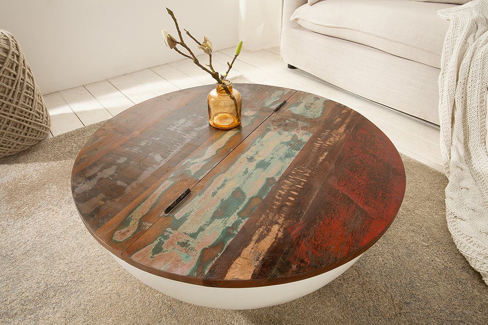 riess-ambiente Couchtisch JAKARTA 70cm weiß / natur, Wohnzimmer · recyceltes Massivholz · rund · mit Fach · Metall · Boho