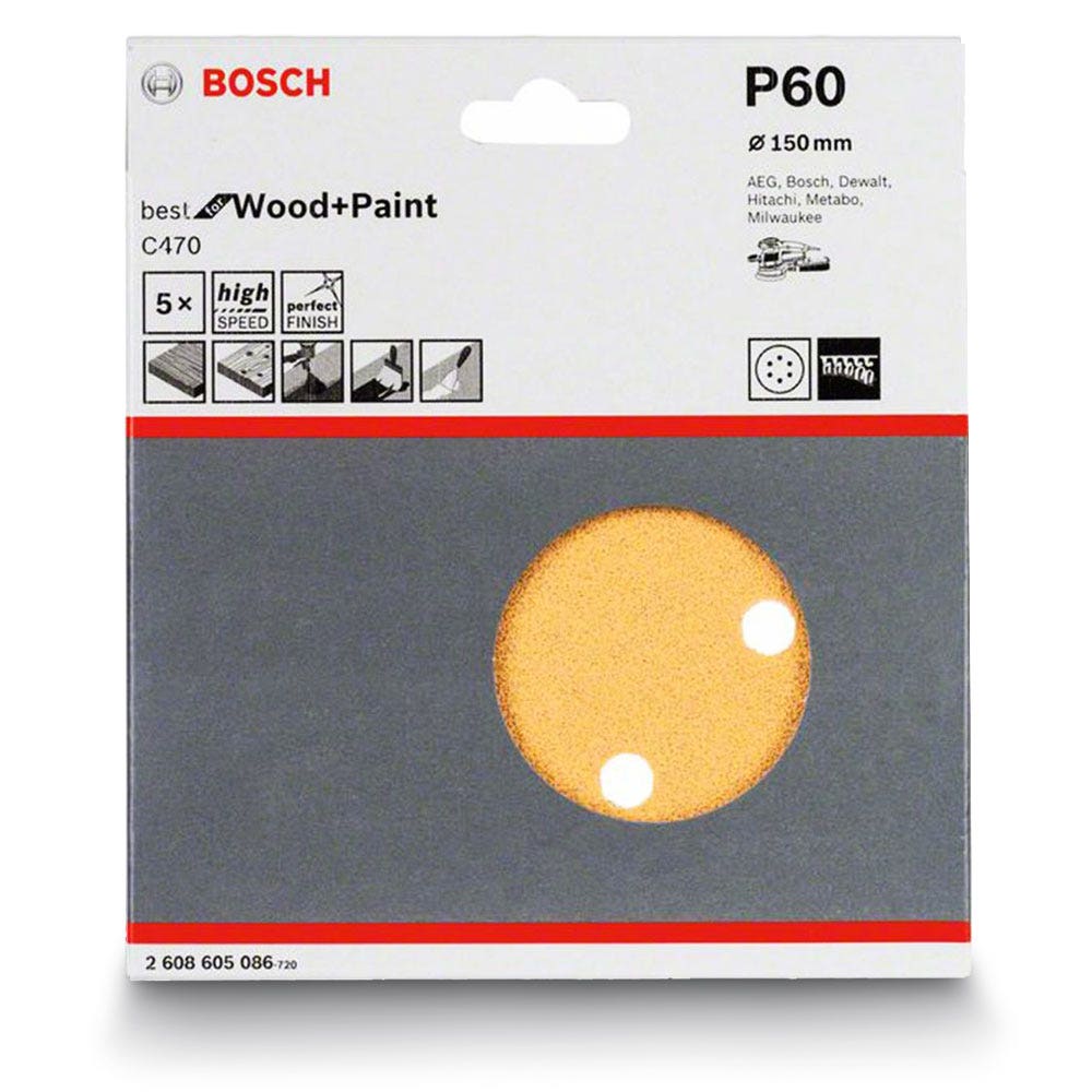 Disco de lixa BOSCH de 150 mm, grão 60, com velcro e 6 furos para madeira e tinta – C470 – 5 peças