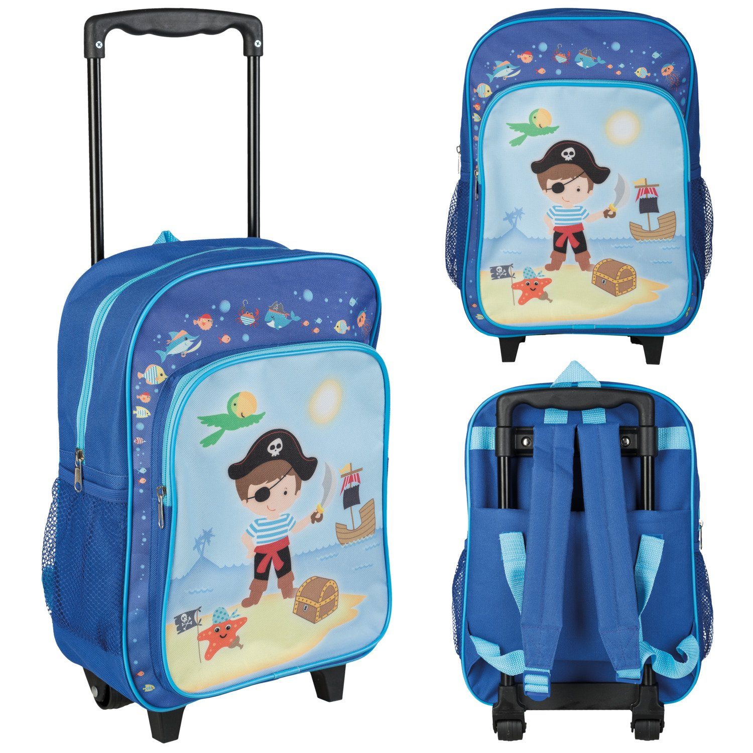 Idena Kofferrucksack Idena 22045 - Rucksack Trolley mit 2 Rollen für Kinder, blau mit Pirat
