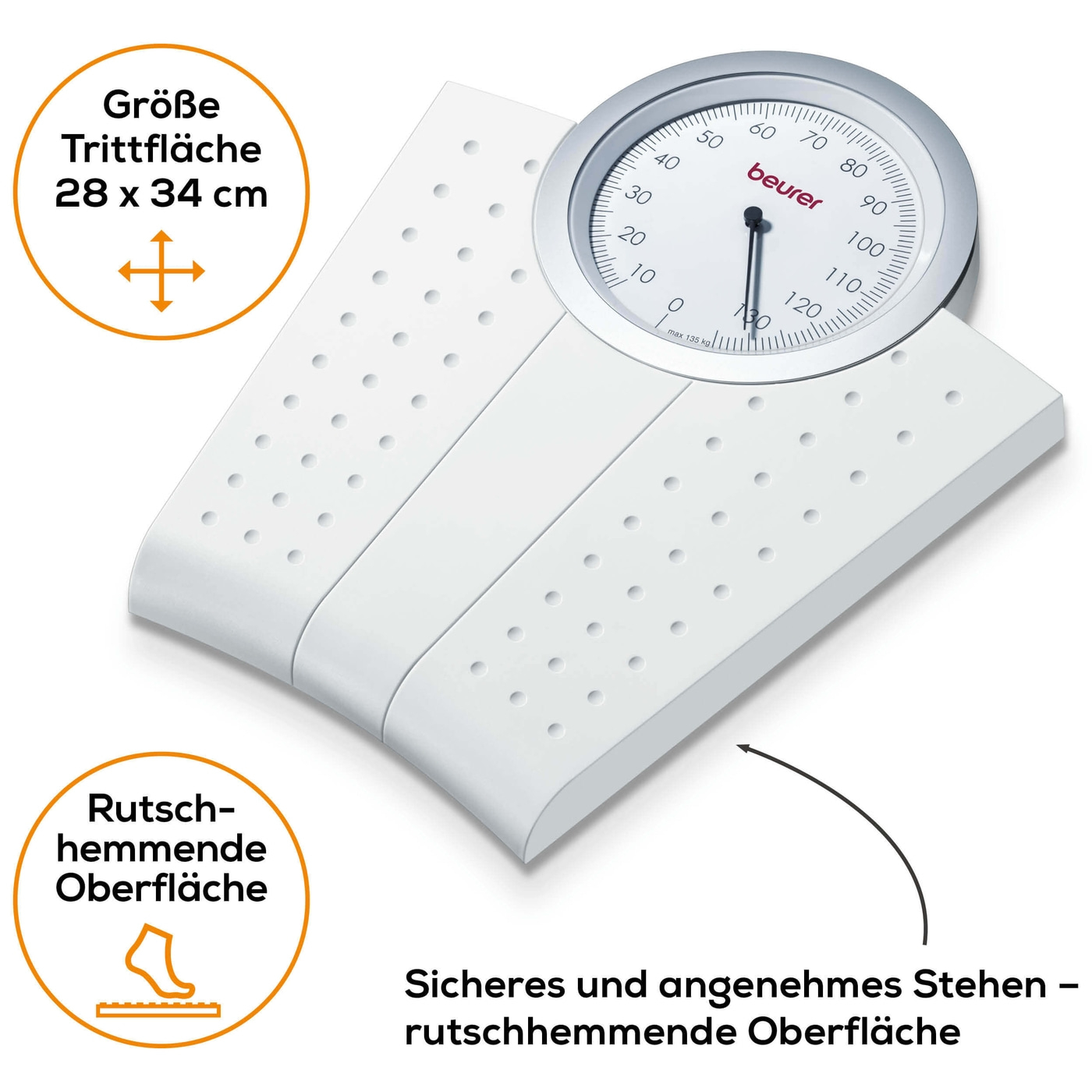 Beurer mechanische Personenwaage - MS 50-Personenwaage mit analoger Gewichtsanzeige in Vollsichtskala & Retro-Design - bis 135 kg