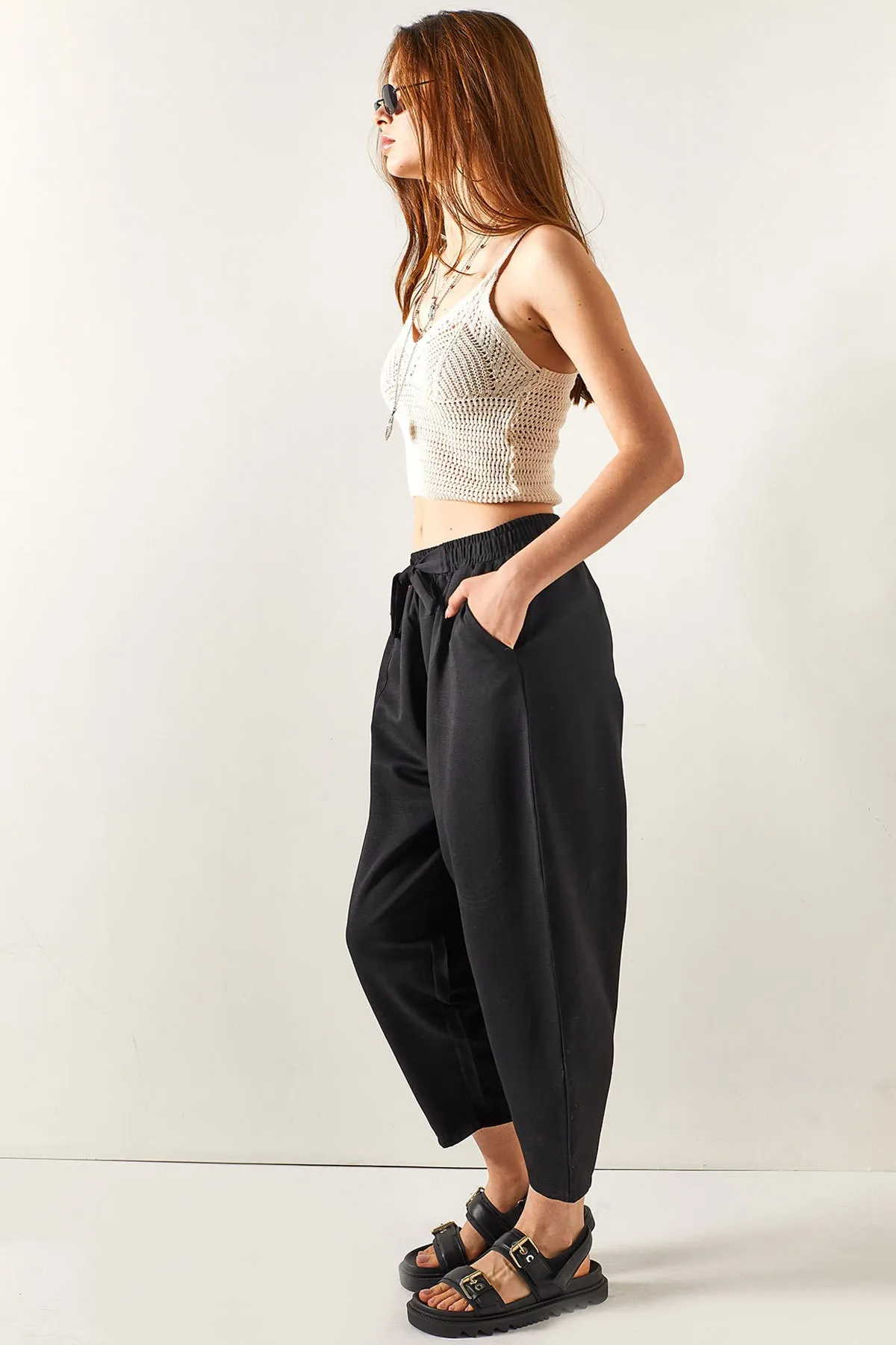 Olalook  Schwarze Damen-Shalwar-Hose aus Leinen mit Taschen und Nähten, PNT-19000234