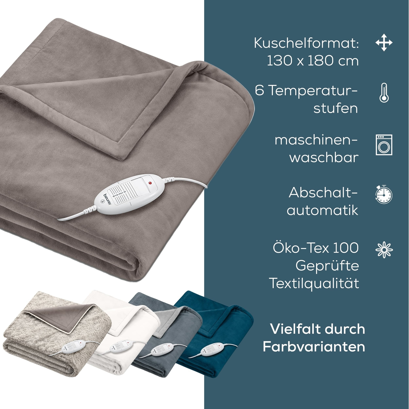 Beurer Wärmezudecke HD 75 Cosy Taupe-Atmungsaktive Heizdecke mit anschmiegsamer Flauschfaser