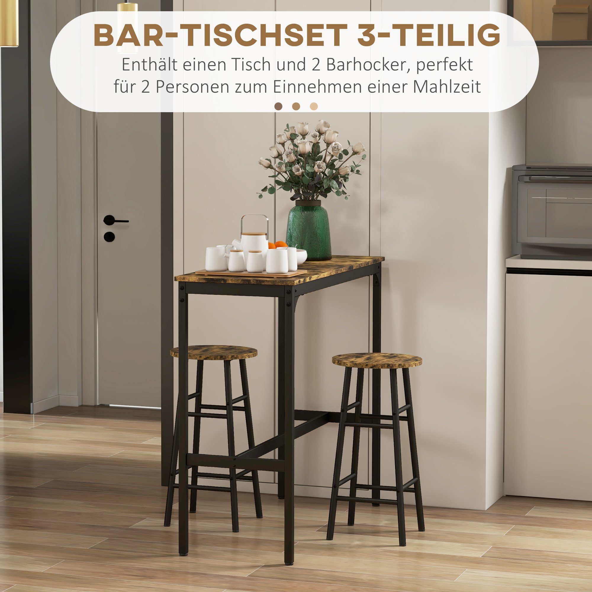 HOMCOM Bargruppe Bartisch-Set, 3tlg. Bartisch mit Barhocker Set, Essgruppe