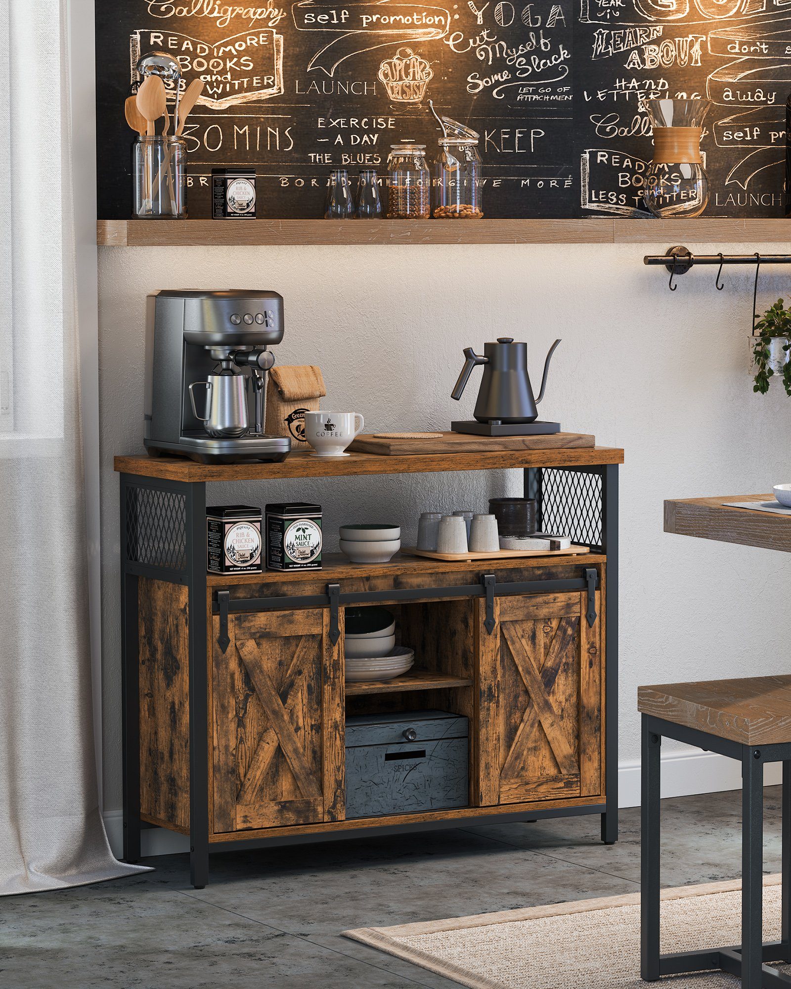 VASAGLE Sideboard Küchenschrank, mit 2 Schiebetüren, verstellbare Ablagen