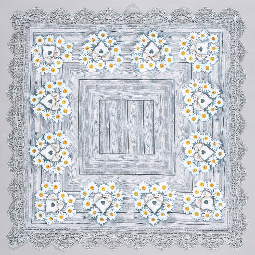 Bella Casa Mitteldecke, ca. 80 x 80 cm - Gänseblümchen mit Herz auf Holz
