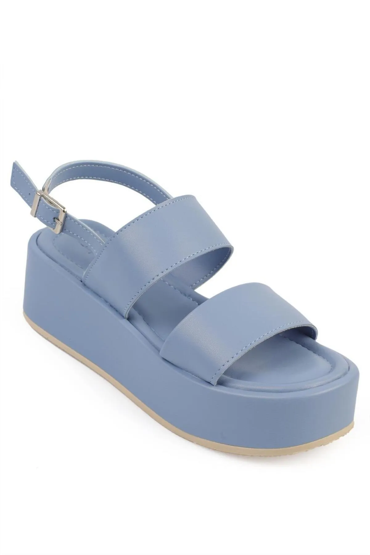 Capone Outfitters  Capone dicke, doppelt geschnallte Keilabsatz-Sandalen in Jeansblau für Damen