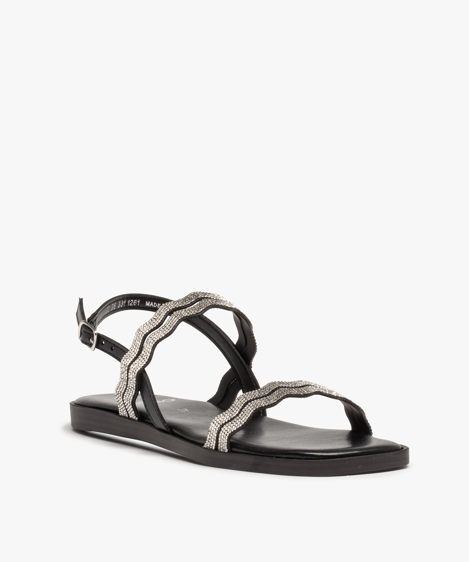 Sandales femme à talon plat et brides strass noir | GEMO