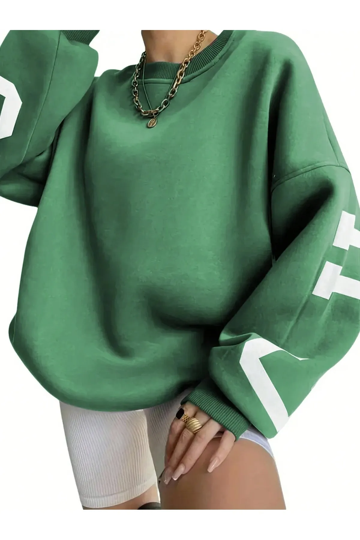 Know  Marineblaues, bedrucktes Chicago-Sweatshirt mit Rundhalsausschnitt und grünen Ärmeln für Damen
