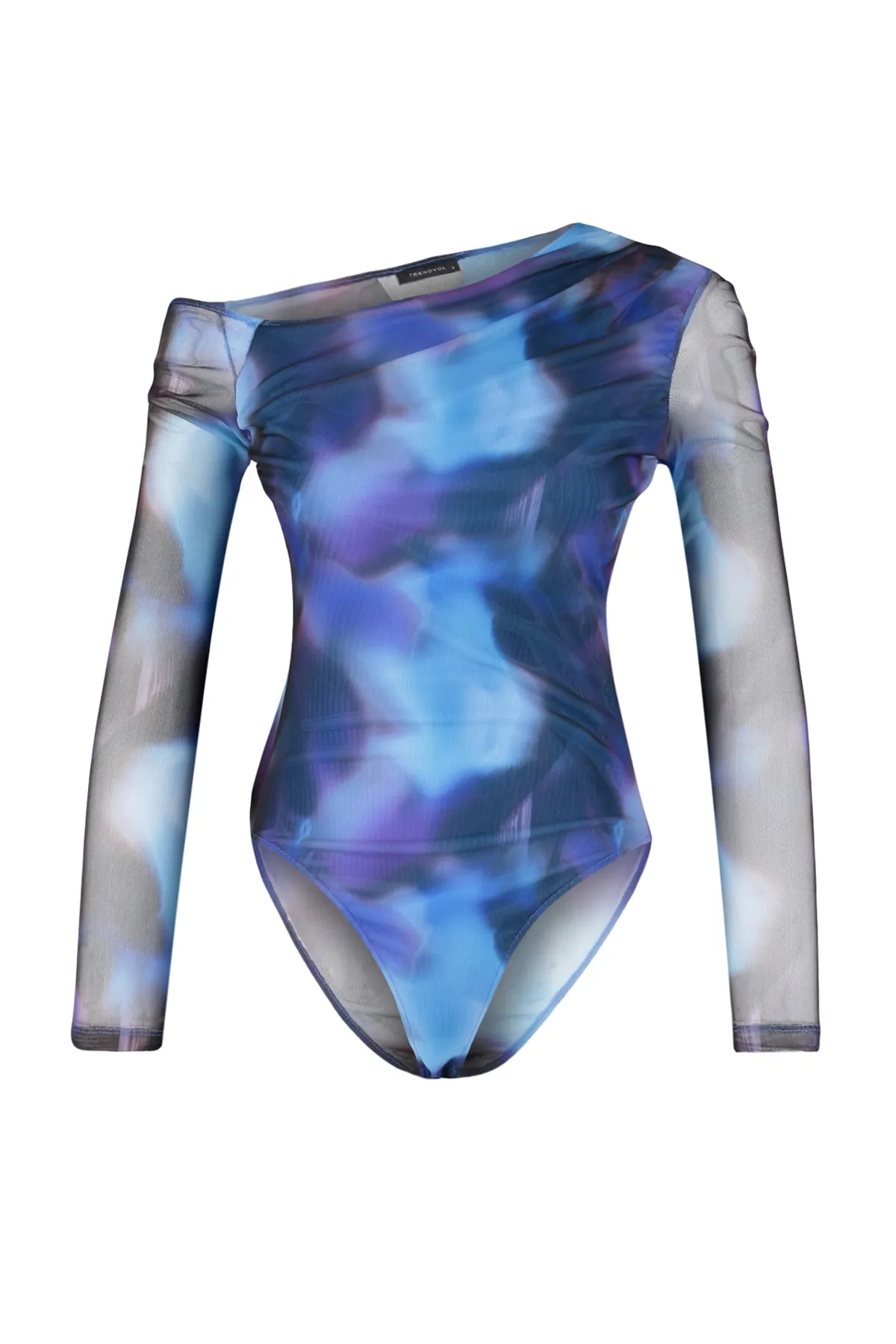 Trendyol Collection  Blau gemusterter, transparenter, hinten anliegender, flexibler Strickbody mit Druckknopfverschluss TWOSS23BD00024