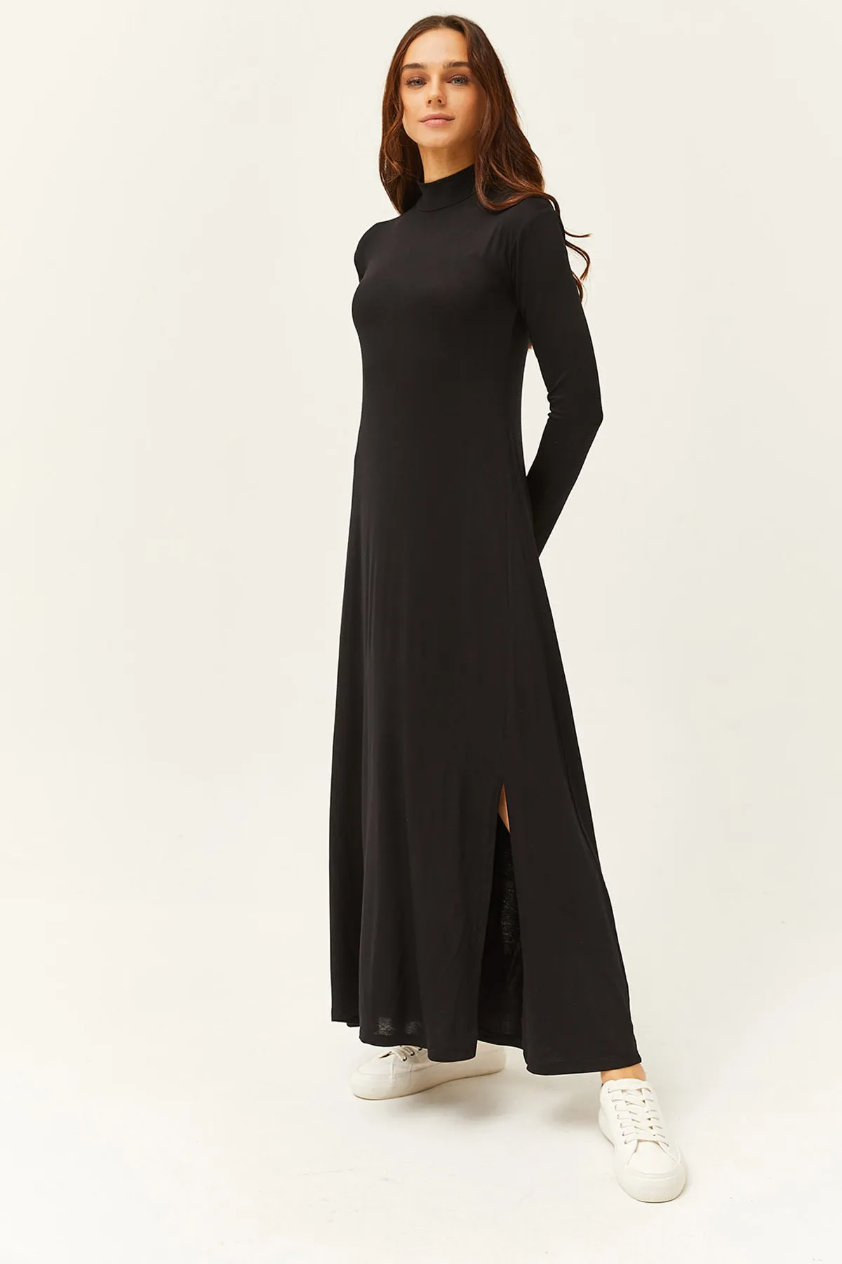 Olalook  Schwarzes halblanges Fisherman-Lycra-Midi-Viskosekleid mit Schlitz für Damen ELB-19001989