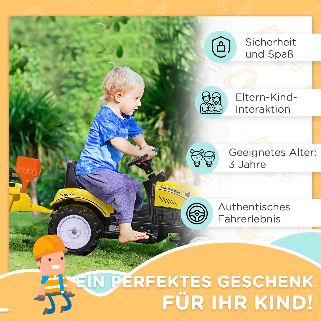 HOMCOM Trettraktor mit Anhänger Tretauto Traktor ab 3 Jahre Kinder Gelb