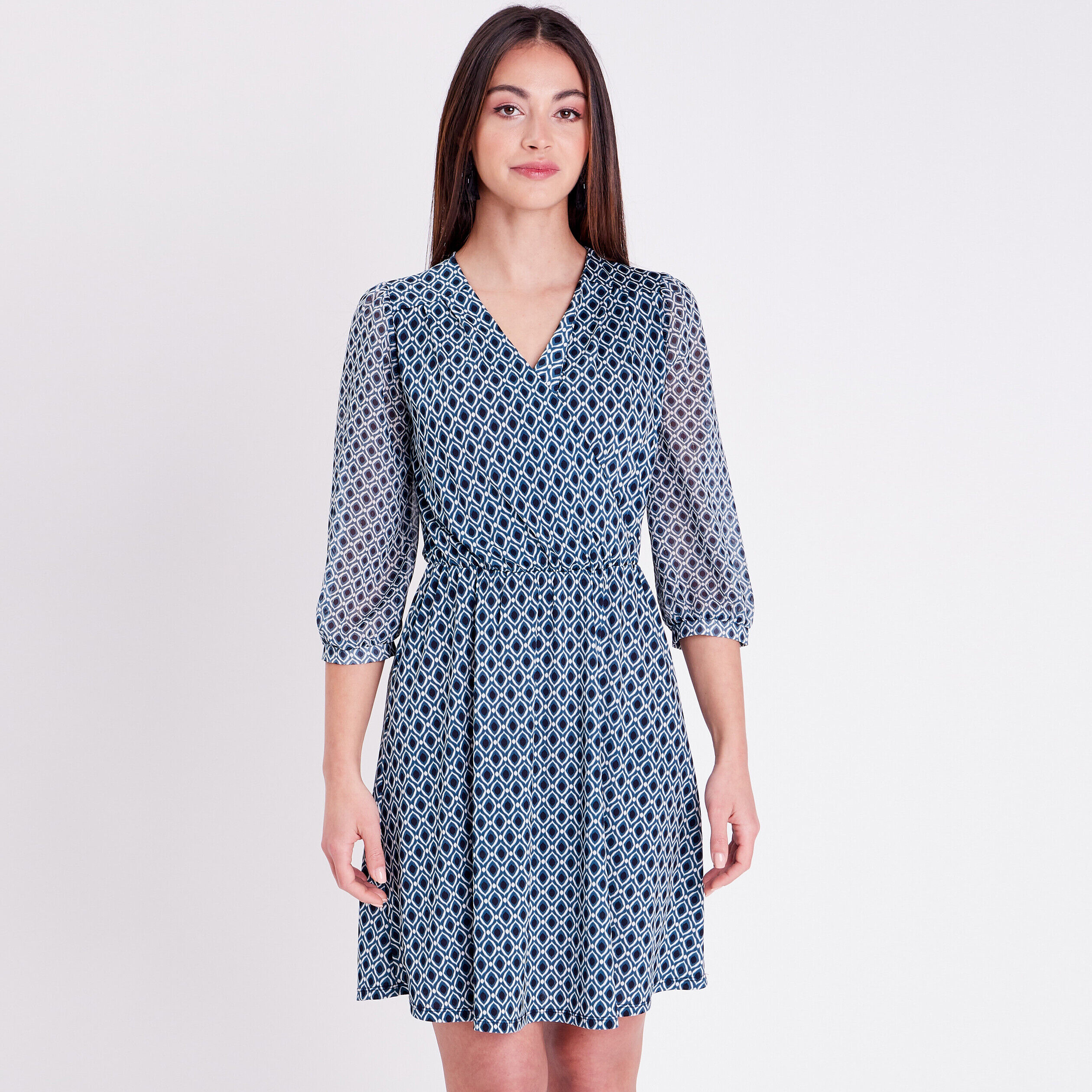 Robe évasée manches 3/4 bleu femme | Cache Cache