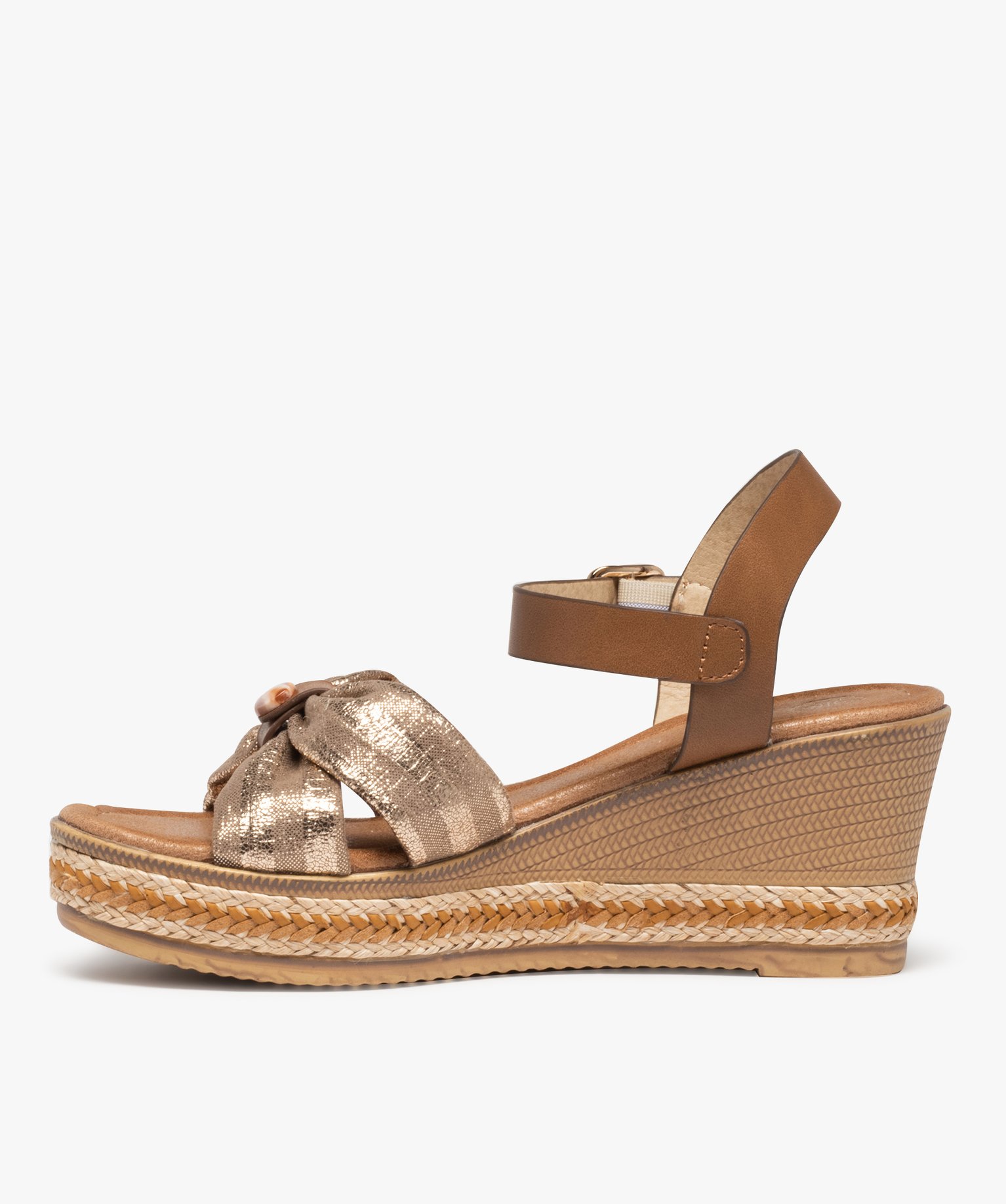 Sandales femme compensées dessus drapé en toile or | GEMO
