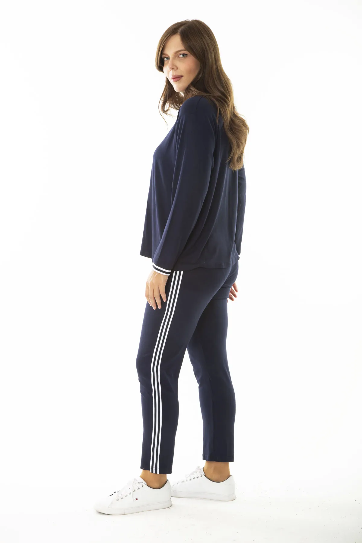 Şans  Damen-Trainingsanzug, große Größe, marineblau, gerippt, langärmelig, Bluse, Hose, 65N36972