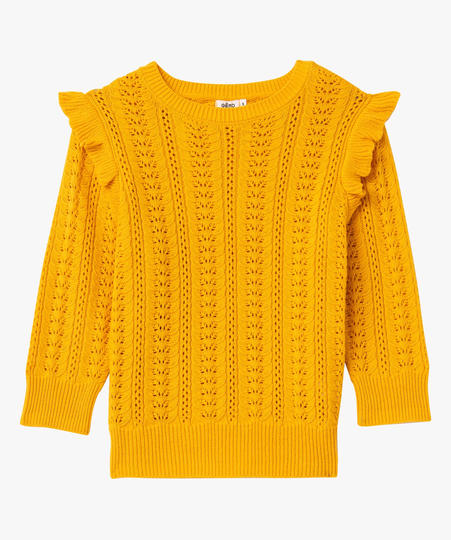 Pull femme en maille ajourée avec volants sur les épaules jaune | GEMO