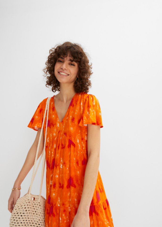 Knieumspielendes Jerseykleid mit Flügelärmeln, Volants und Taschen