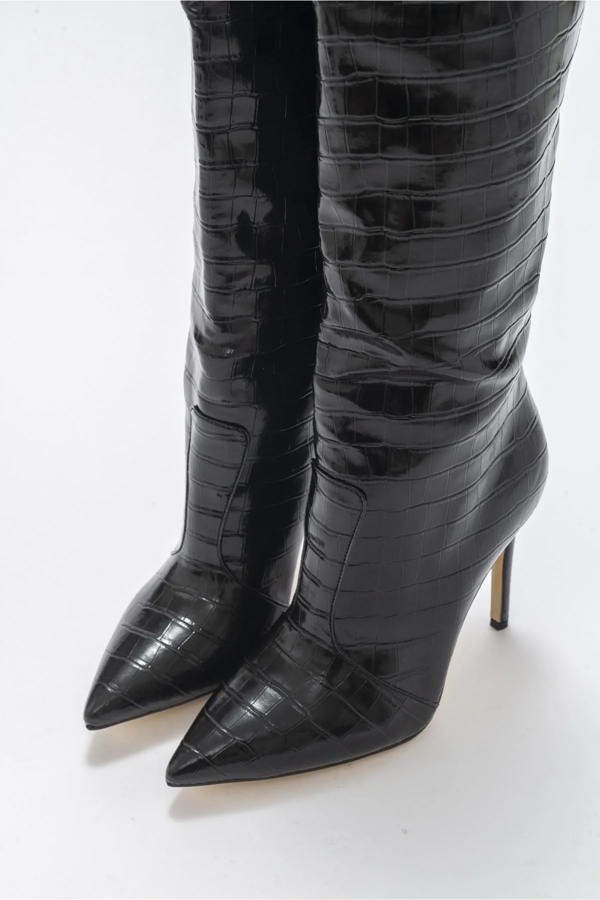 LuviShoes  Marineblaue, schwarz bedruckte Damenstiefel mit Absatz
