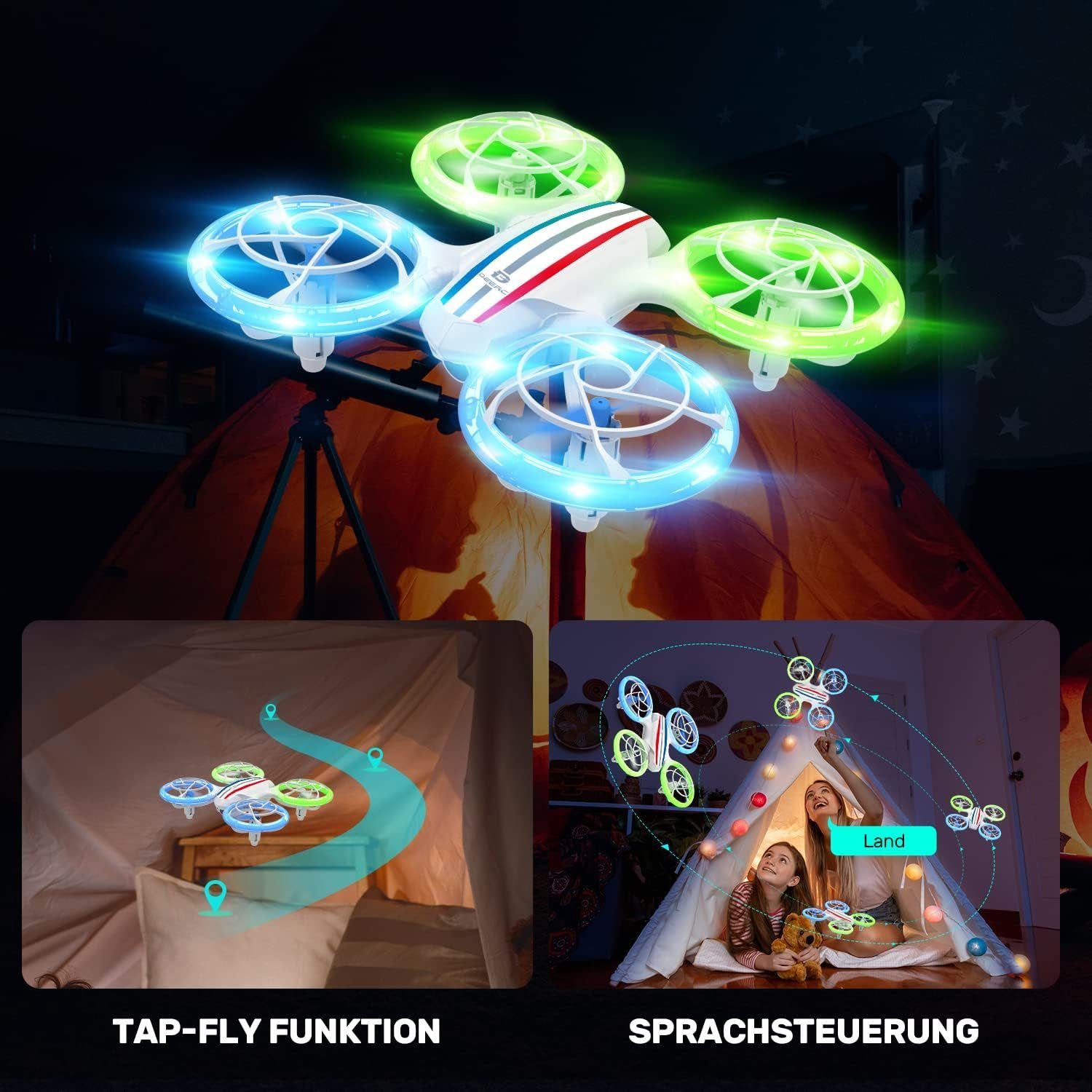 DEERC Mini Drohne mit Kamera für Kinder, RC FPV Quadrocopter mit Wifi Drohne (720P, mit 2 Akkus Lange FlugzeitBunte LED Lichter Kinderdrohnen für Anfänger)