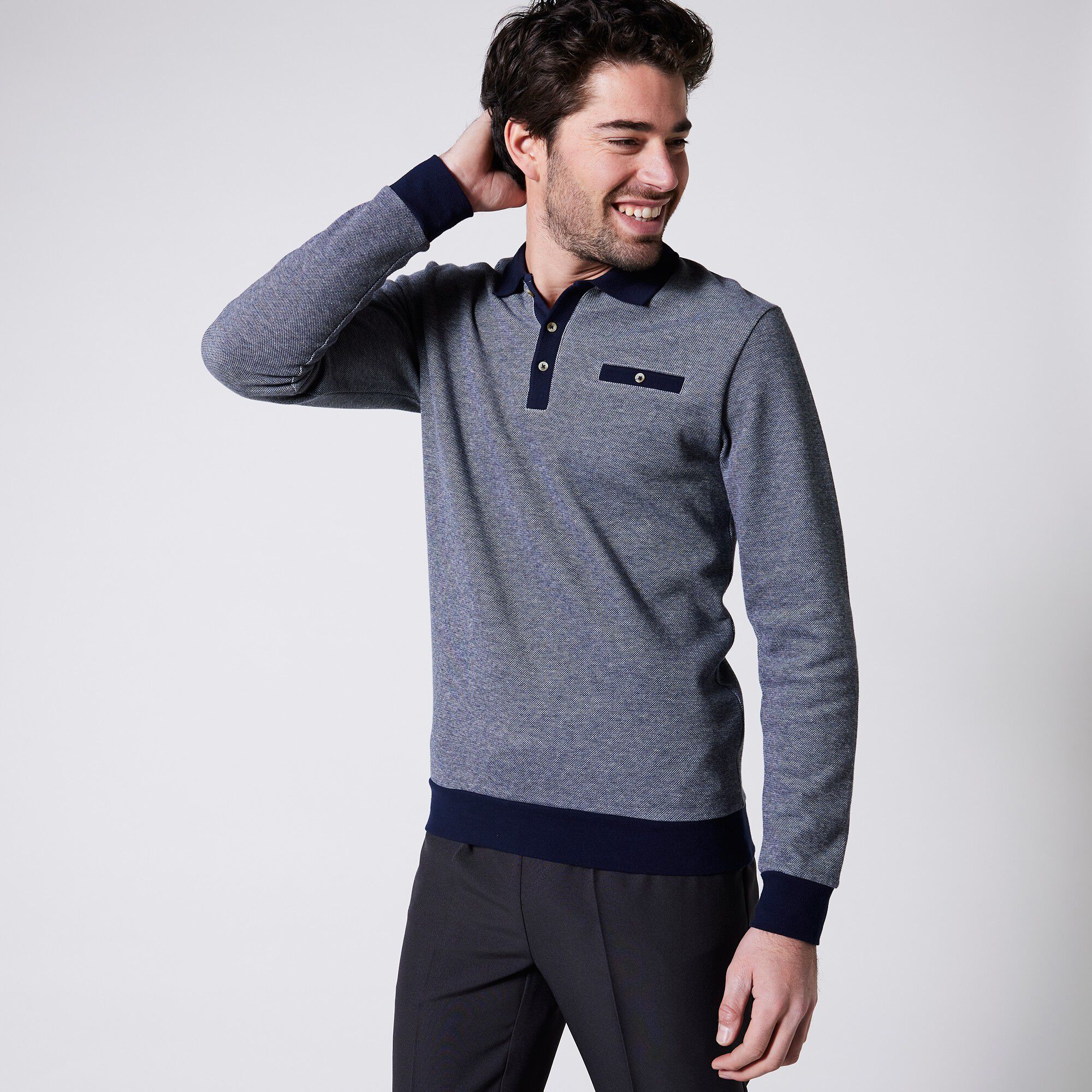 Polo bicolore maille chaude, manches longues