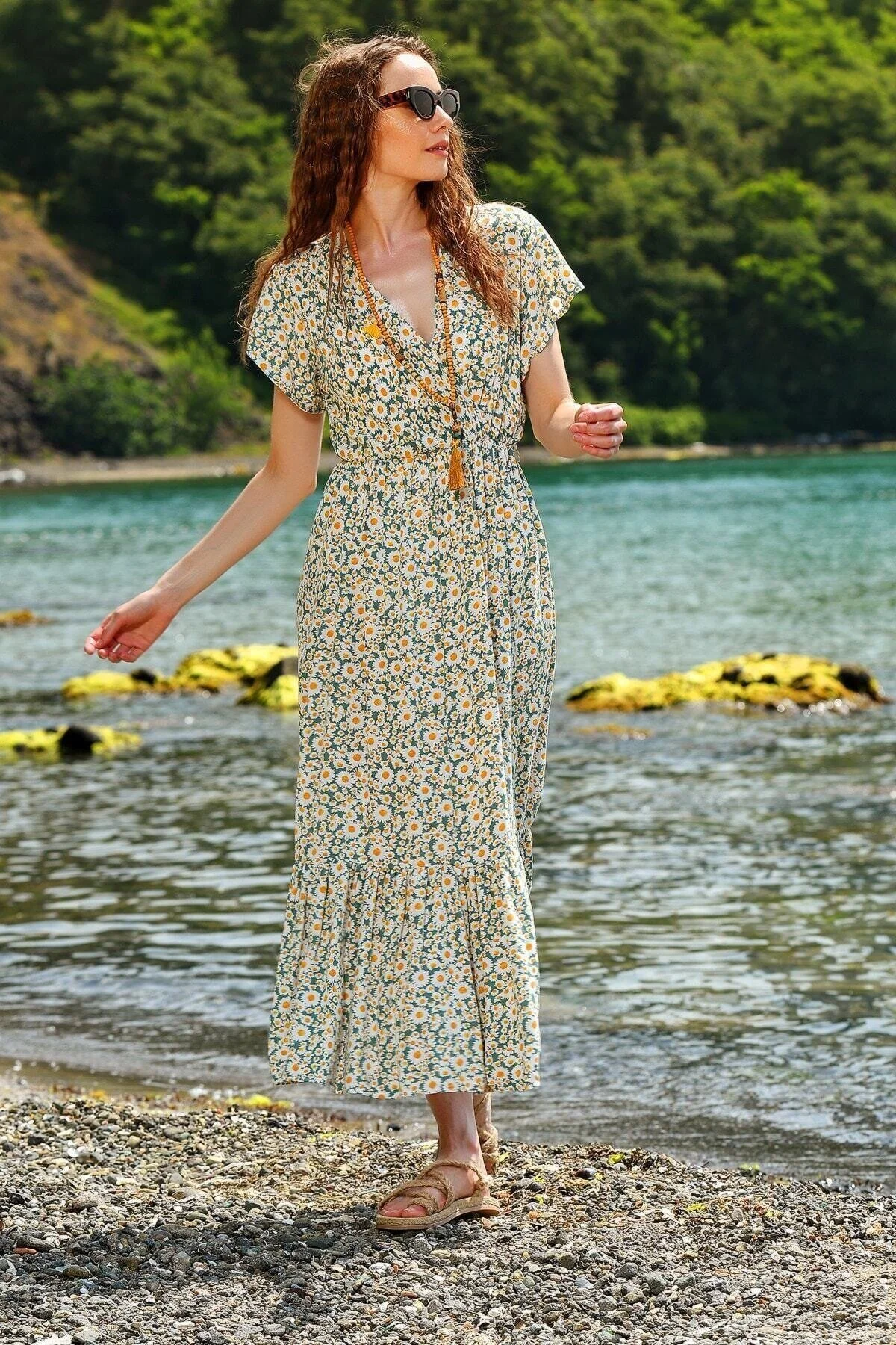 Trend Alaçatı Stili  Damen-Maxikleid mit Blumenmuster, Mintgrün, zweireihig, ALC-X4373