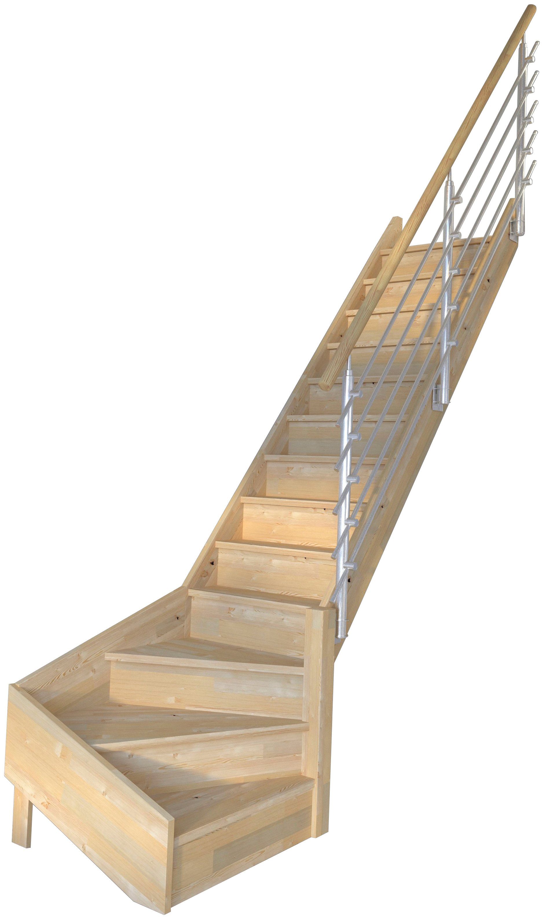 Starwood Raumspartreppe Massivholz Korfu, Design-Geländer Edelstahl, für Geschosshöhen bis 300 cm, Stufen geschlossen, gewendelt Rechts, Durchgehende Wangenteile