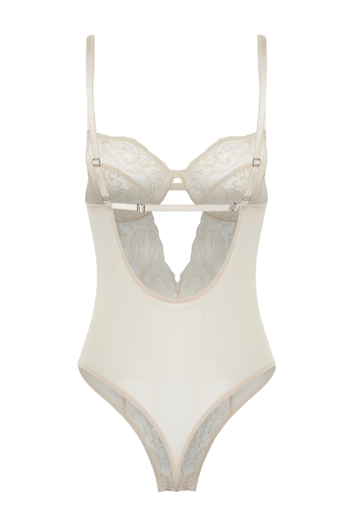 Trendyol Collection  Ecrufarbener Strickbody mit gerüschtem Fenster/Ausschnitt, Seilriemen und Druckknopf THMAW23BD00011