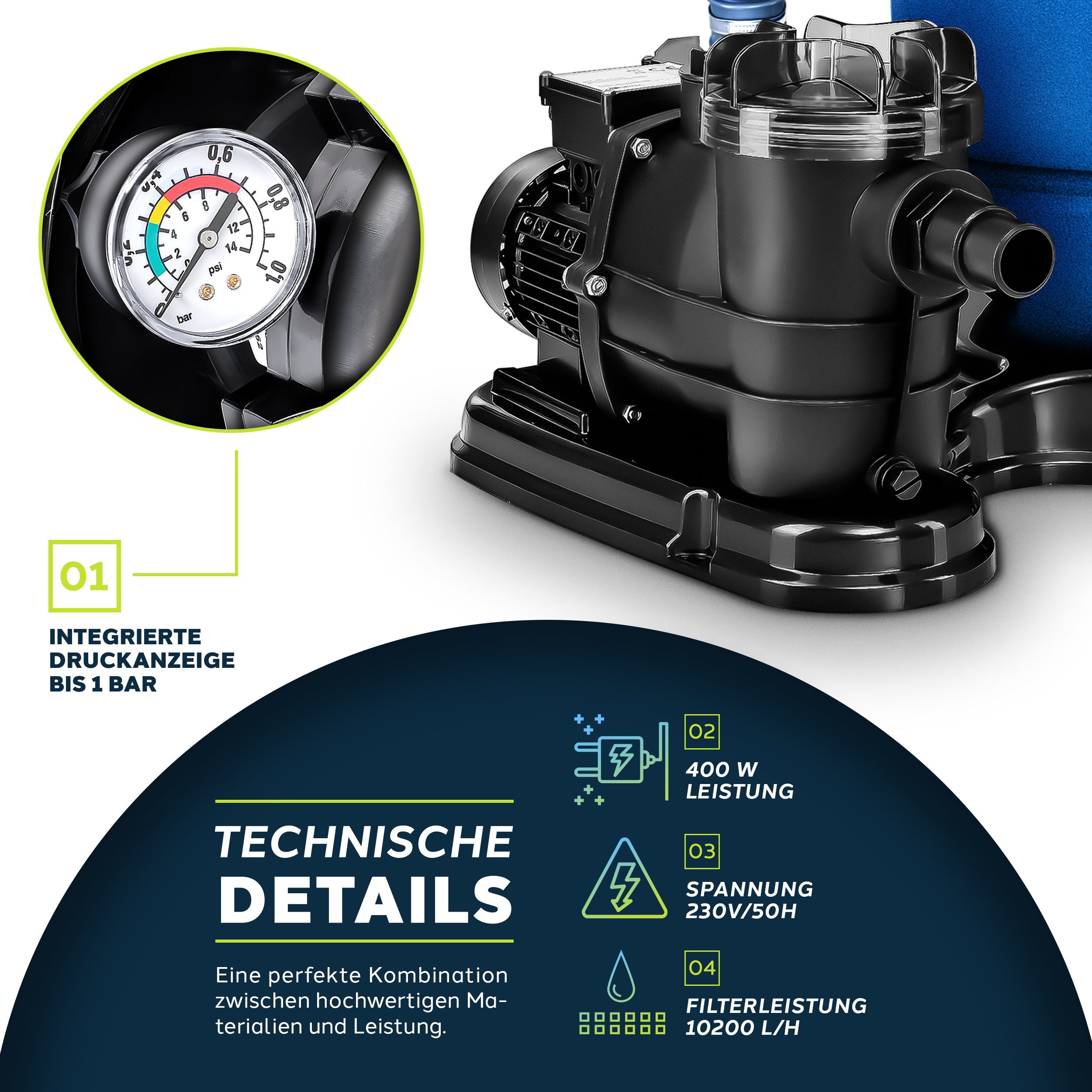 tillvex Sandfilteranlage 10 m³/h Filteranlage 5-Wege Ventil Poolfilter, Filterkessel mit Druckanzeige Sandfilter für Pool und Schwimmbecken