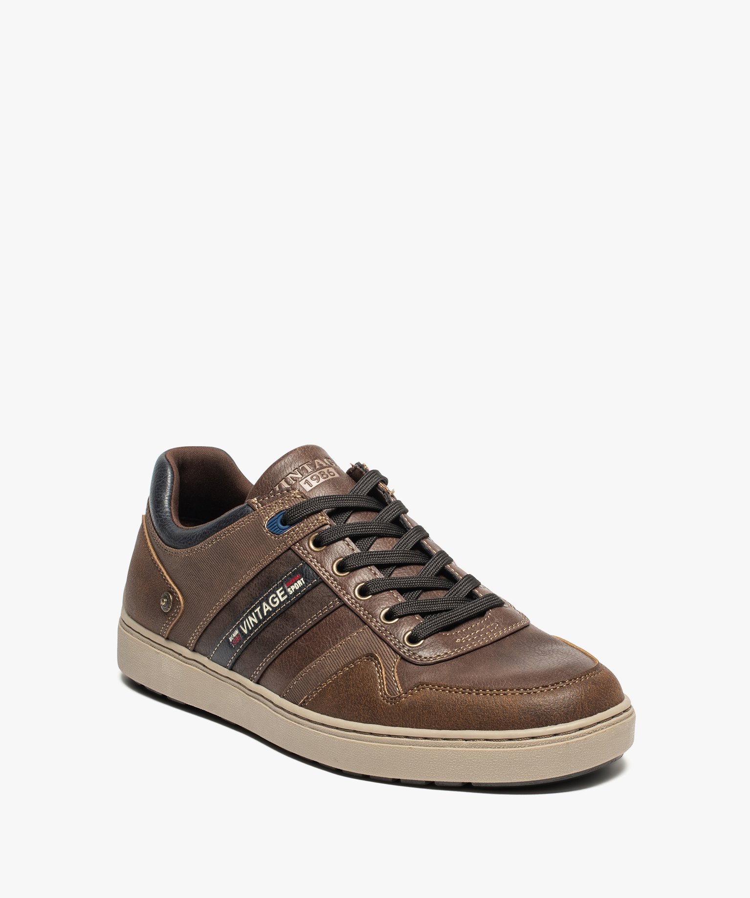 Baskets homme à lacets avec empiècements multimatières camel | GEMO