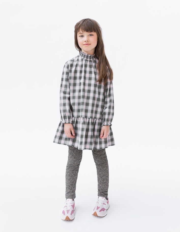 Robe rose et kaki à carreaux et col smocké fille