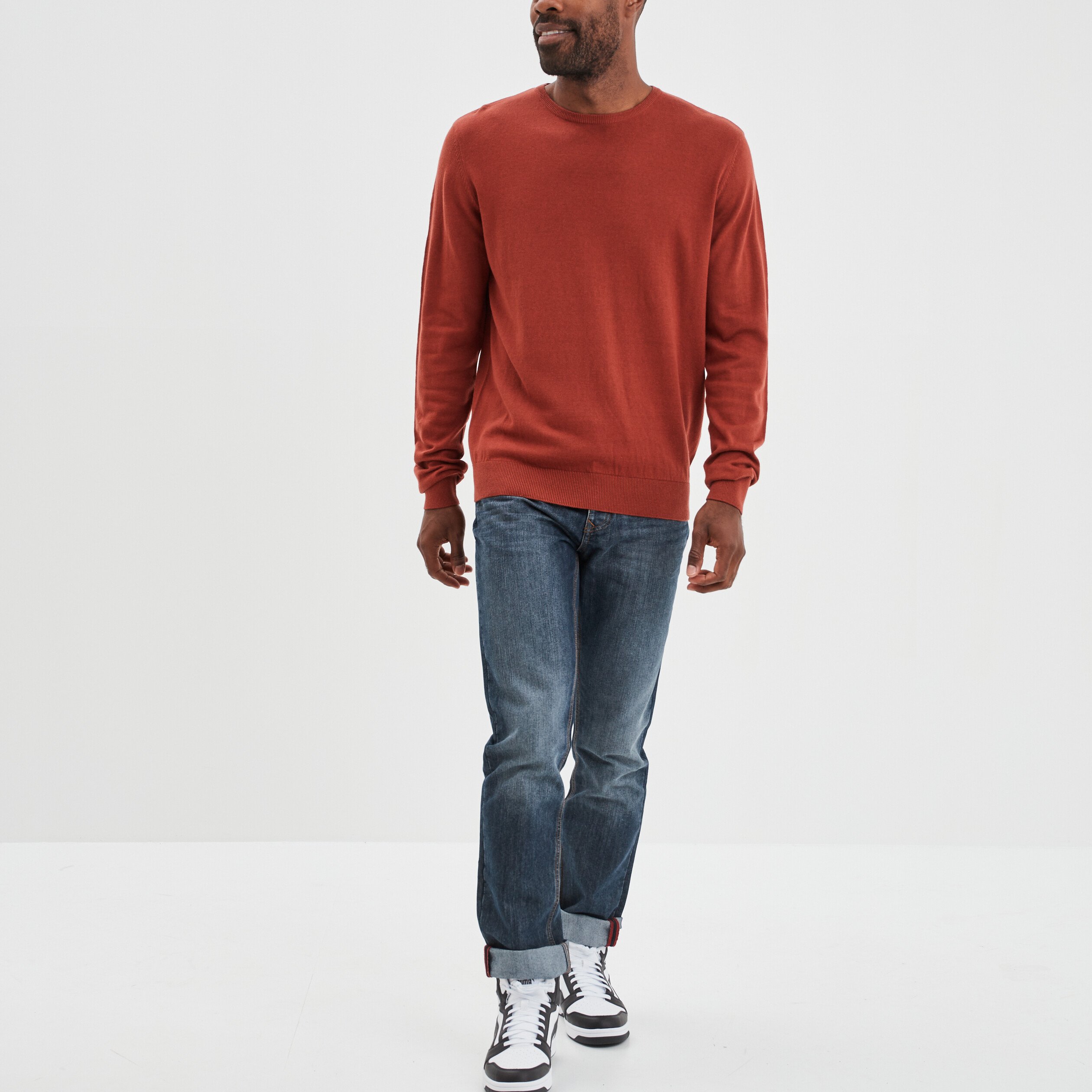 Pull droit col rond marron cognac homme | La Halle