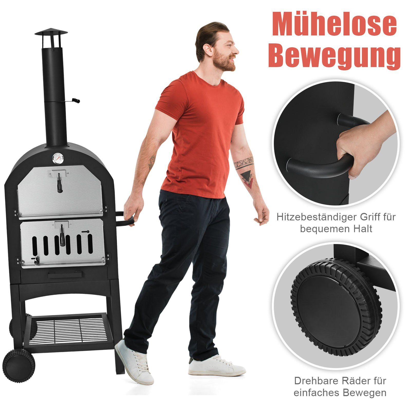 COSTWAY Pizzaofen, Grillwagen, mit Schornstein, für BBQ draußen