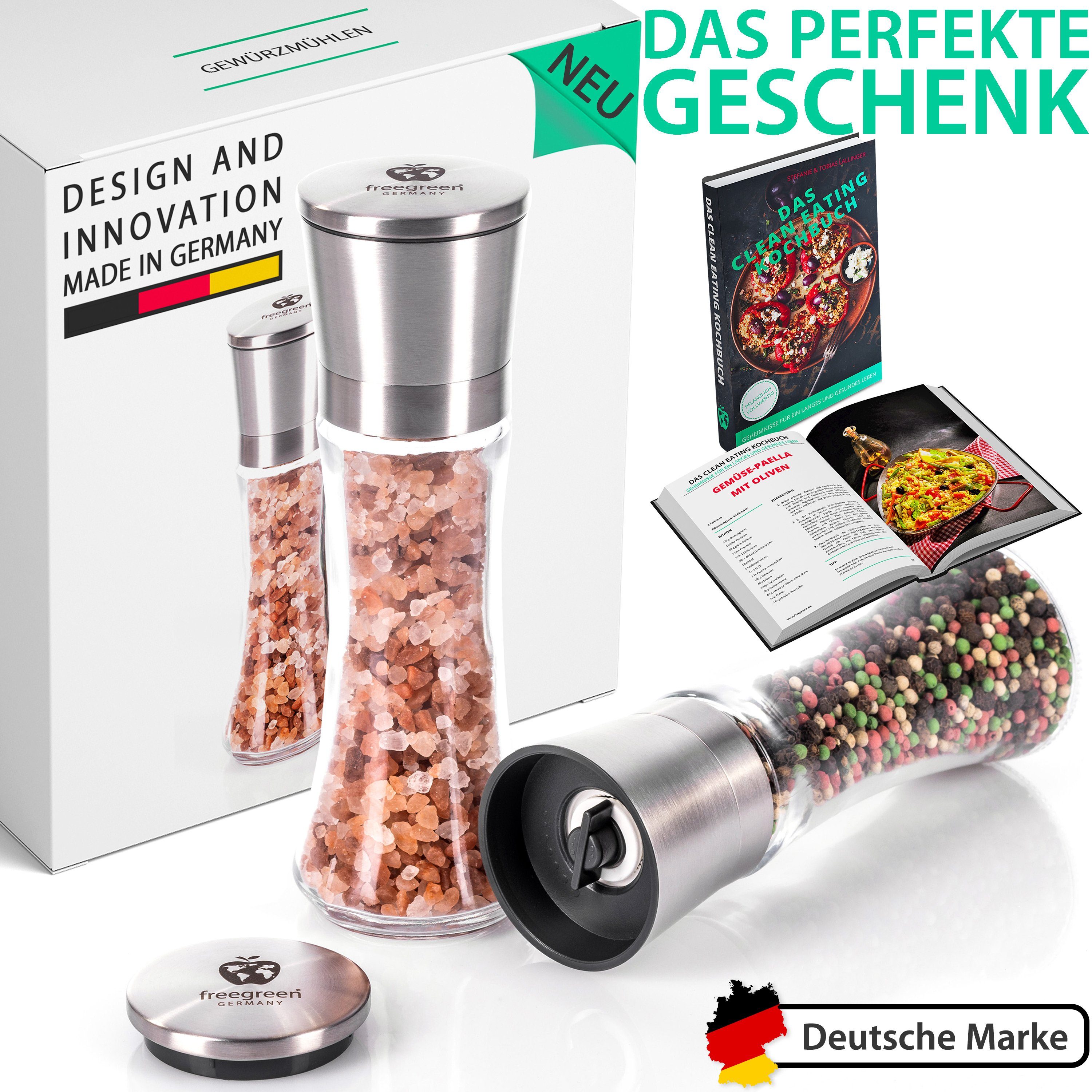 freegreen® Gewürzmühle PREMIUM Salz und Pfeffermühle 19cm 2er Set + Clean Eating Kochbuch Manuell für ein einzigartig gleichmäßiges Mahlergebnis!, mit verstellbarem Keramik-Mahlwerk und Geschenkverpackung
