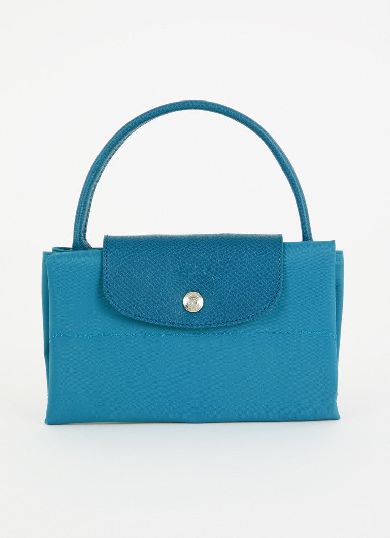 Geantă verde Longchamp Le Pliage, mărimea M, cu detalii din piele.