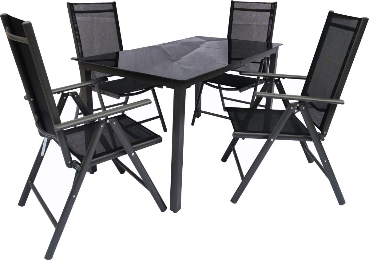 VCM Alu-Gartenset 140 Schwarzglas Tisch   4 Stühle