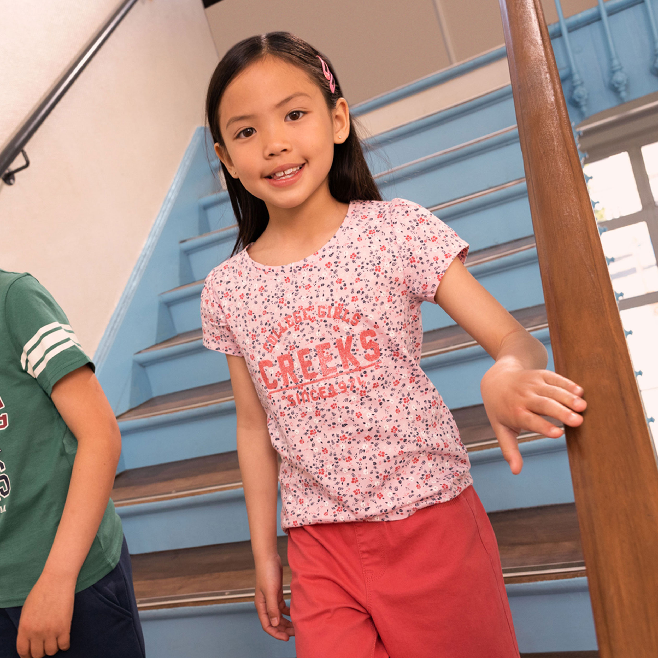 T-shirt col rond manches courtes Creeks rose poudrée fille | La Halle